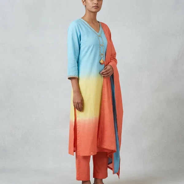 Ombre_Blue_Yellow_And_Orange_Shade_Kurta_Set_With_Dupatta_For_Women