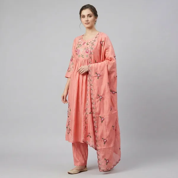 Peach_Mul_Chanderi_Embroidered_Floral_Kurta_Set_With_Dupatta_For_Women
