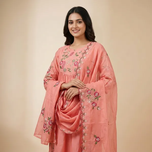 Peach_Mul_Chanderi_Embroidered_Floral_Kurta_Set_With_Dupatta_For_Women