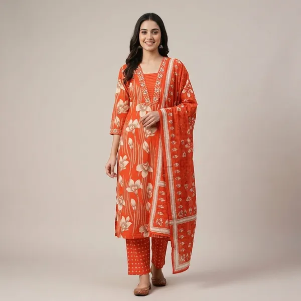 Orange_Floral_Print_Cotton_Kurta_With_Pants_And_Dupatta_Set_For_Women