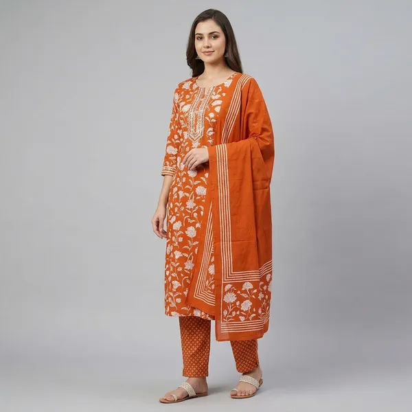 Orange_Floral_Print_Cotton_Kurta_With_Pants_And_Dupatta_Set_For_Women