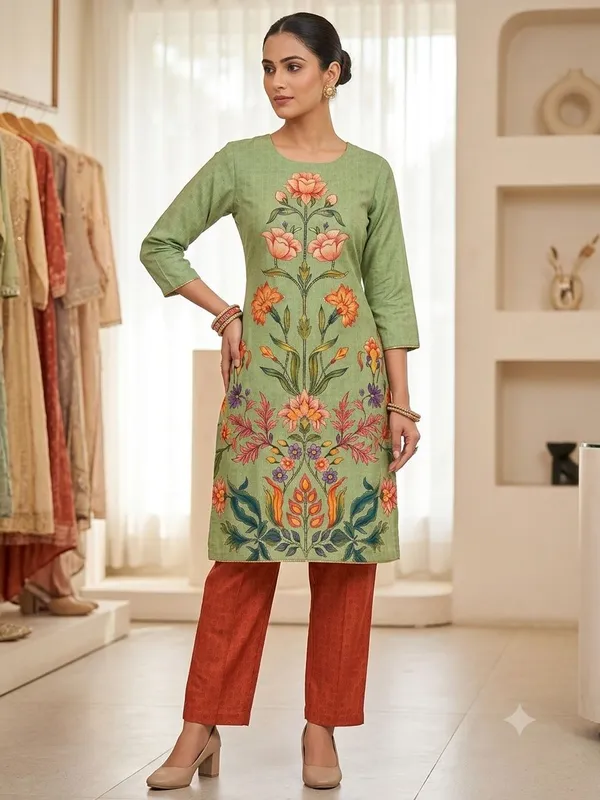 Olive_Green_Muslin_Floral_Print_Co-Ord_Set_With_Embroidery