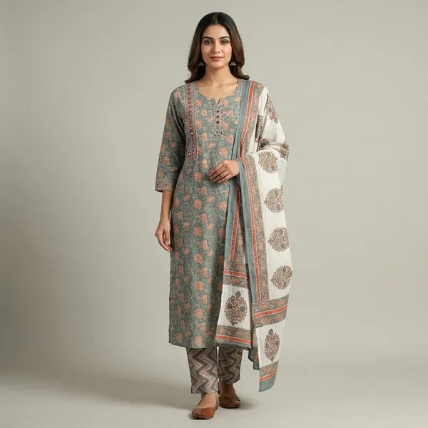 Grey_Printed_Cotton_Kurta_Set_With_Mirror_Work_And_Dupatta_For_Women
