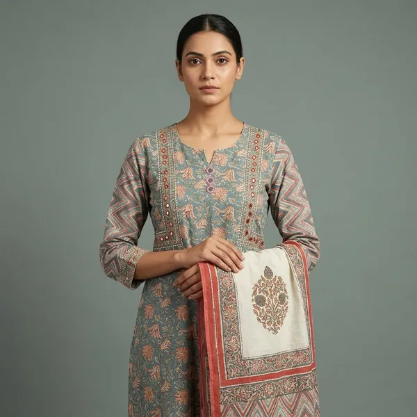Grey_Printed_Cotton_Kurta_Set_With_Mirror_Work_And_Dupatta_For_Women