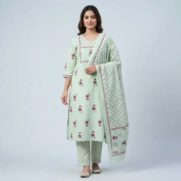 Pista_Green_Cotton_Floral_Print_Kurta_With_Pants_Set_With_Dupatta_For_Women