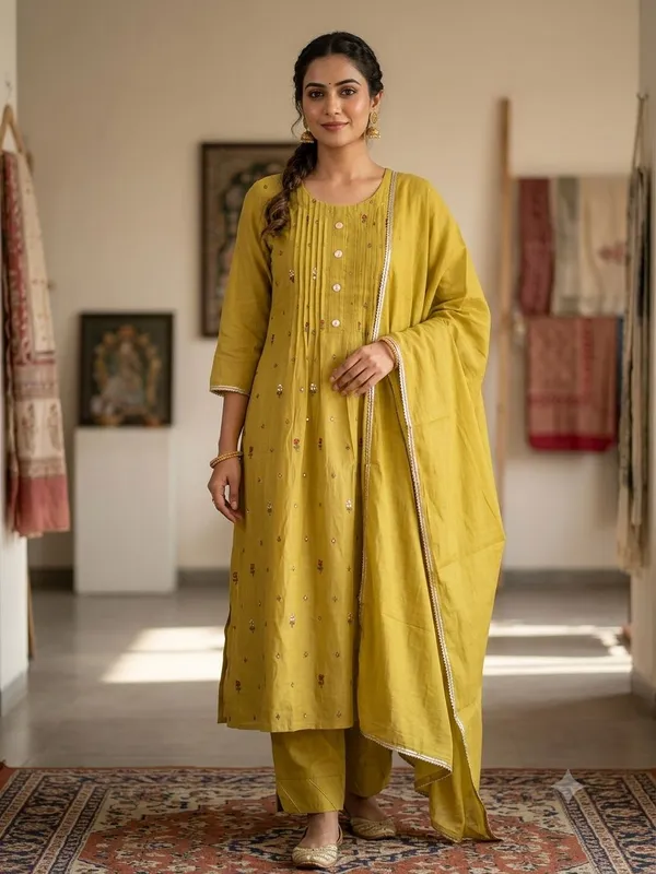 Yellow_Mul_Chanderi_Embroidered_Kurta_Set_With_Dupatta_For_Women