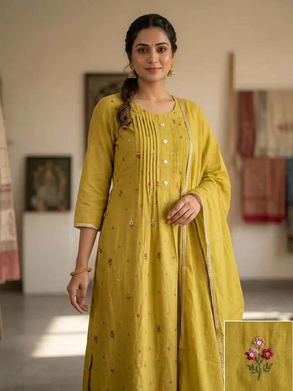 Yellow_Mul_Chanderi_Embroidered_Kurta_Set_With_Dupatta_For_Women