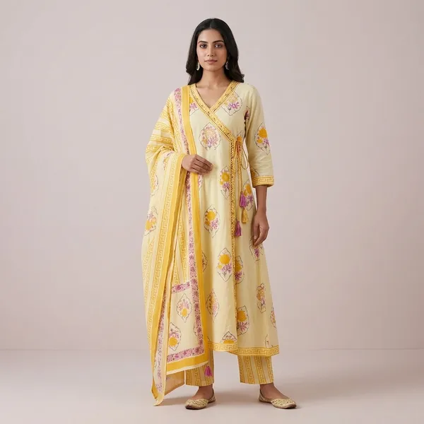Light_Yellow_Cotton_Anarkali_Style_Floral_Kurta_Set_With_Dupatta_For_Women