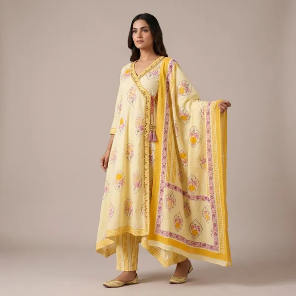 Light_Yellow_Cotton_Anarkali_Style_Floral_Kurta_Set_With_Dupatta_For_Women