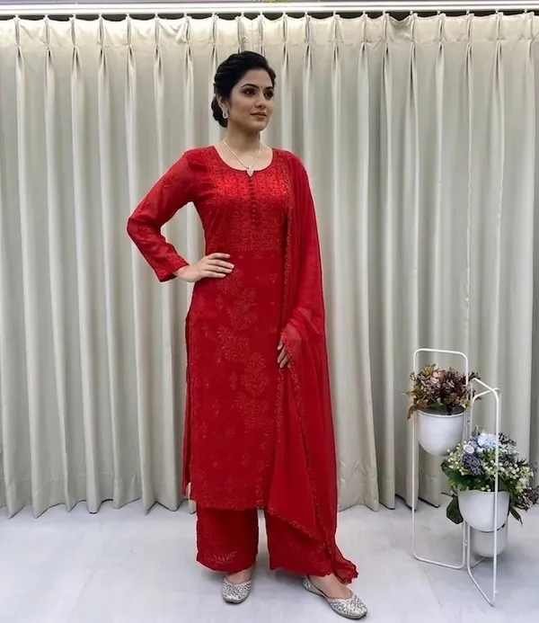 Red_Chikankari_Kurti_Set_With_Dupatta_For_Women