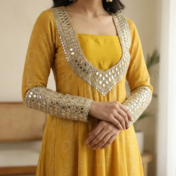 Mustard_Yellow_And_Green_Faux_Georgette_Kurti_Set_With_Mirror_Work_|_3_Piece_Festive_Wear