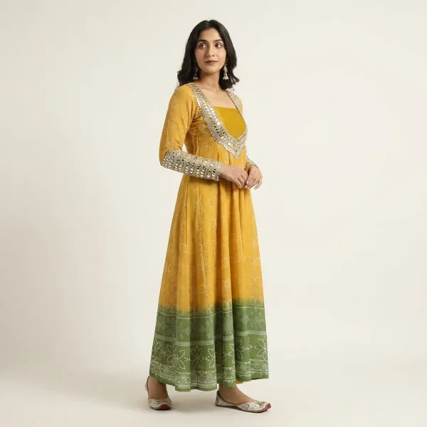 Mustard_Yellow_And_Green_Faux_Georgette_Kurti_Set_With_Mirror_Work_|_3_Piece_Festive_Wear
