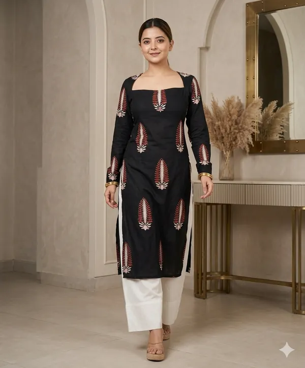 Women_Black_Rayon_Printed_Straight_Kurti_Square_Neck_Long_Kurta_Casual_Office_Wear_Ethnic_Kurti