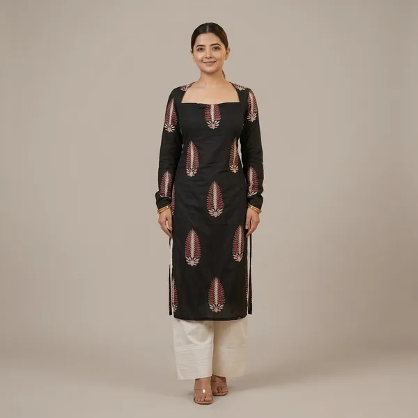 Women_Black_Rayon_Printed_Straight_Kurti_Square_Neck_Long_Kurta_Casual_Office_Wear_Ethnic_Kurti