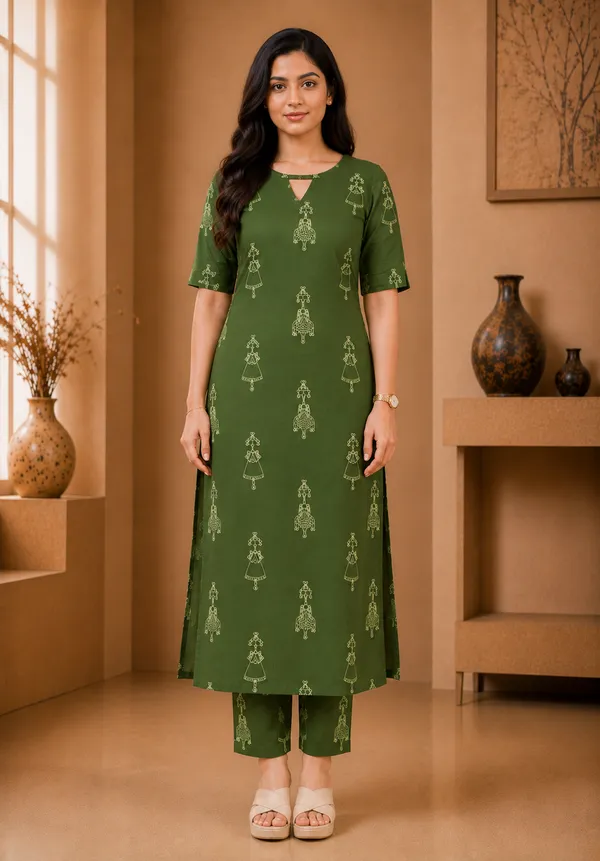 Women_Green_Rayon_Printed_Kurta_Pant_Set_Straight_Fit_Ethnic_Wear_Comfortable_Daily_Wear_Kurti_Set