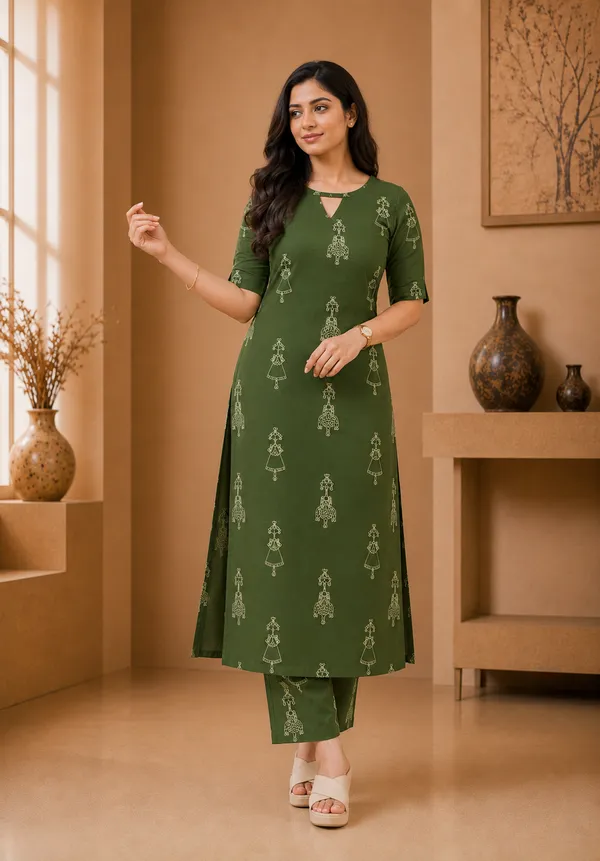 Women_Green_Rayon_Printed_Kurta_Pant_Set_Straight_Fit_Ethnic_Wear_Comfortable_Daily_Wear_Kurti_Set