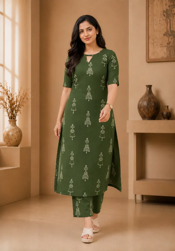 Women_Green_Rayon_Printed_Kurta_Pant_Set_Straight_Fit_Ethnic_Wear_Comfortable_Daily_Wear_Kurti_Set