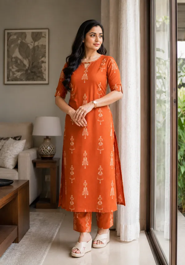 Women_Orange_Rayon_Printed_Kurta_Pant_Set_Stylish_Straight_Kurti_Pant_Set_Casual_And_Office_Wear