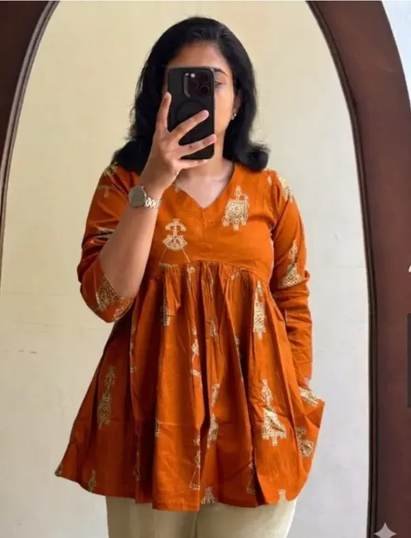 Women_Rust_Orange_Rayon_Printed_Peplum_Top_V-Neck_Flared_Kurti_Top_Casual_Ethnic_Wear