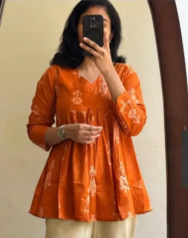 Women_Rust_Orange_Rayon_Printed_Peplum_Top_V-Neck_Flared_Kurti_Top_Casual_Ethnic_Wear