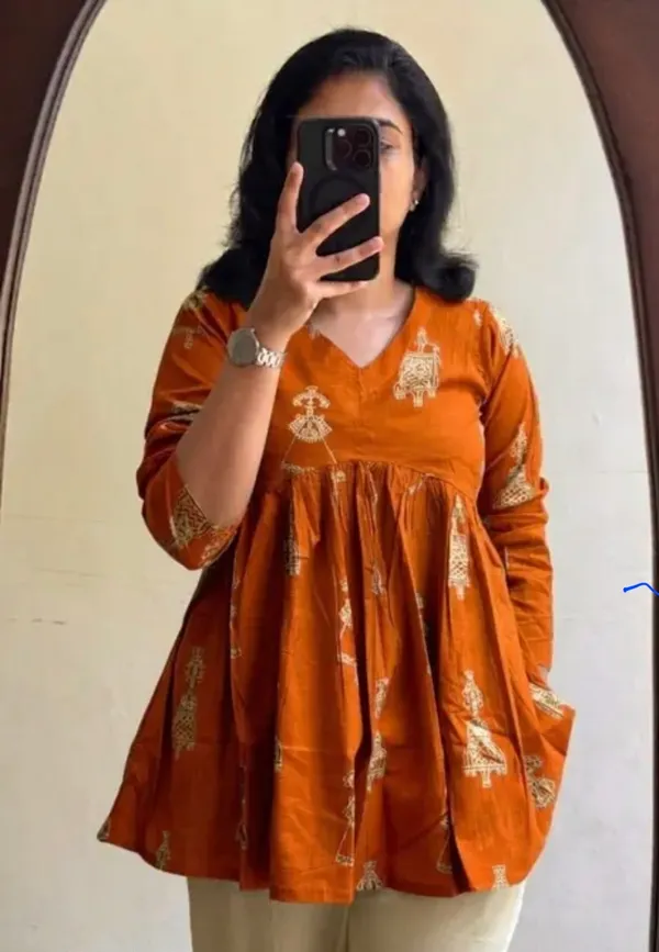 Women_Rust_Orange_Rayon_Printed_Peplum_Top_V-Neck_Flared_Kurti_Top_Casual_Ethnic_Wear