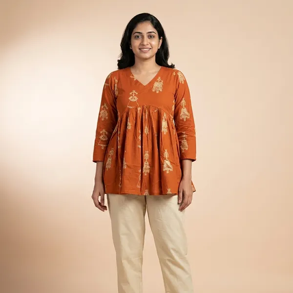 Women_Rust_Orange_Rayon_Printed_Peplum_Top_V-Neck_Flared_Kurti_Top_Casual_Ethnic_Wear