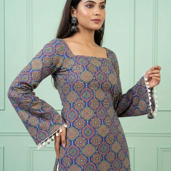 Women_Blue_Printed_Rayon_Straight_Kurti_Square_Neck_Ethnic_Kurta_Stylish_Casual_Wear