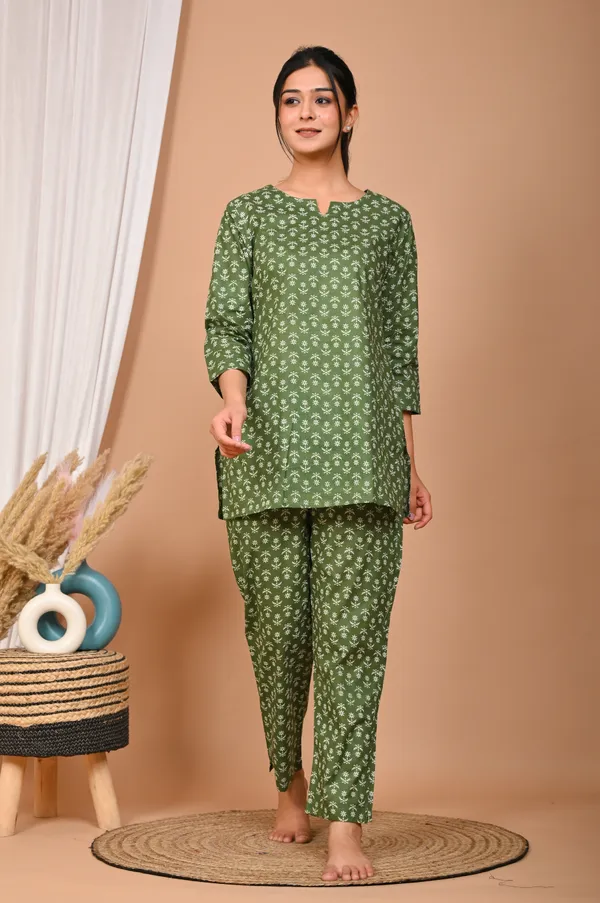 Olive_Green_Cotton_Printed_Night_Suit_For_Women