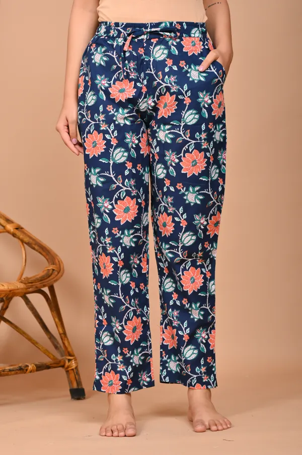 Aqua_Blue_Cotton_Floral_Printed_Night_Suit_Set_For_Women