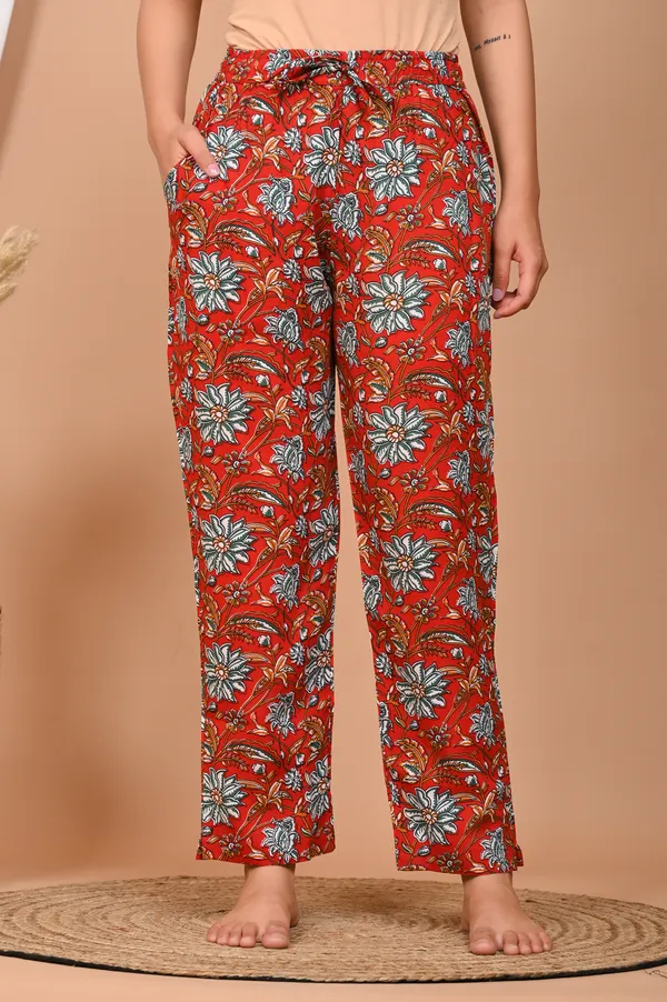 Rust_Orange_Cotton_Floral_Printed_Night_Suit_Set_For_Women