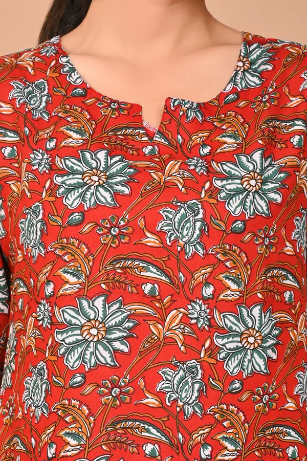 Rust_Orange_Cotton_Floral_Printed_Night_Suit_Set_For_Women