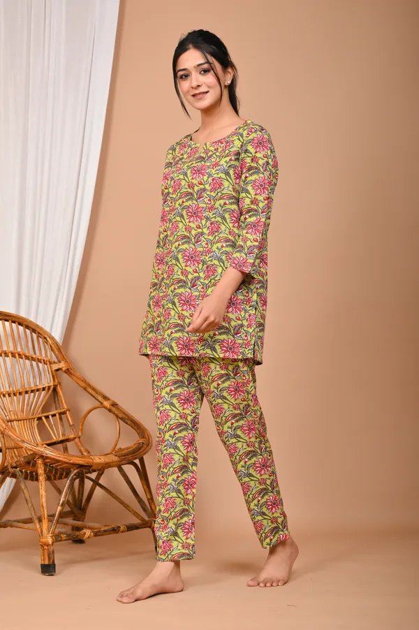 Lime_Green_Cotton_Floral_Printed_Night_Suit_Set_For_Women