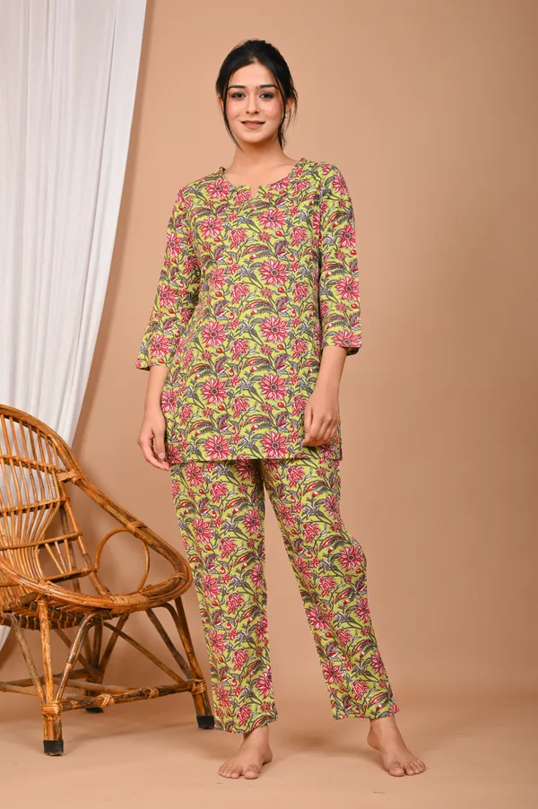 Lime_Green_Cotton_Floral_Printed_Night_Suit_Set_For_Women