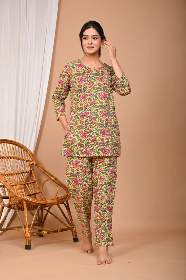 Lime_Green_Cotton_Floral_Printed_Night_Suit_Set_For_Women