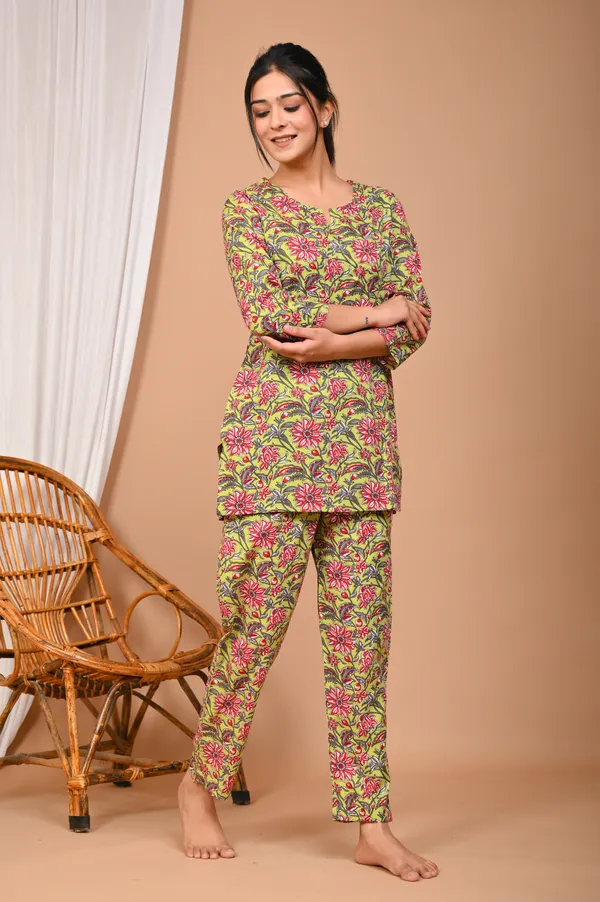 Lime_Green_Cotton_Floral_Printed_Night_Suit_Set_For_Women