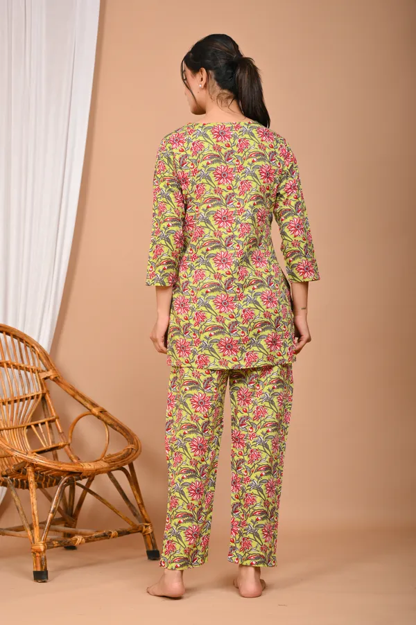 Lime_Green_Cotton_Floral_Printed_Night_Suit_Set_For_Women