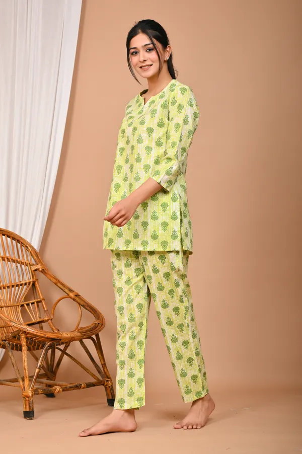 Lime_Green_Cotton_Floral_Printed_Night_Suit_Set_For_Women