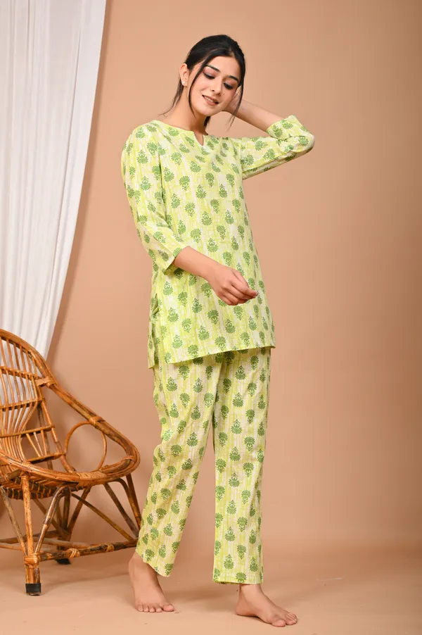 Lime_Green_Cotton_Floral_Printed_Night_Suit_Set_For_Women