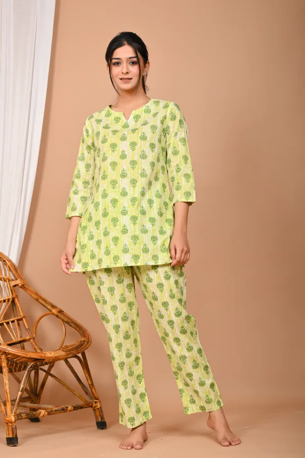 Lime_Green_Cotton_Floral_Printed_Night_Suit_Set_For_Women