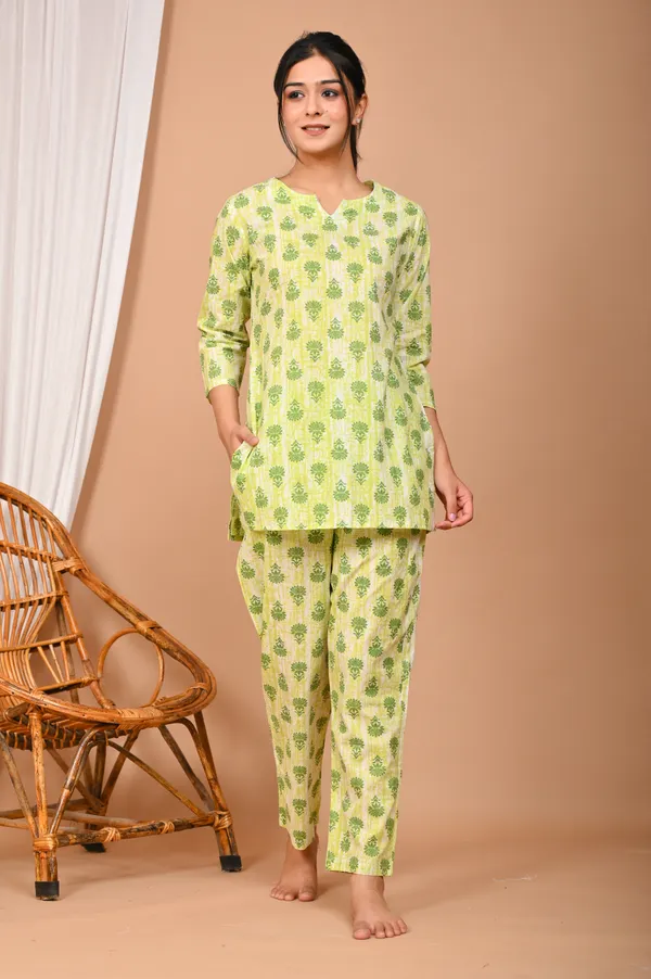 Lime_Green_Cotton_Floral_Printed_Night_Suit_Set_For_Women