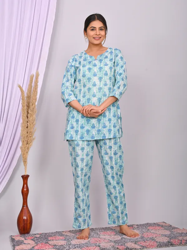 Sky_Blue_Cotton_Floral_Printed_Night_Suit_Set_For_Women