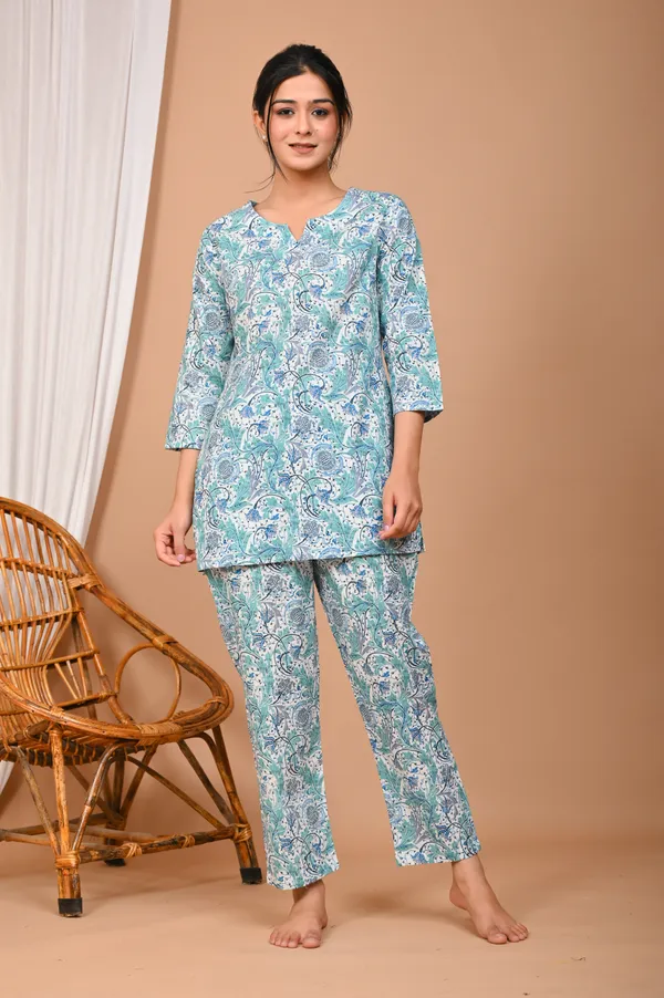 Aqua_Blue_Cotton_Paisley_Printed_Night_Suit_Set_For_Women