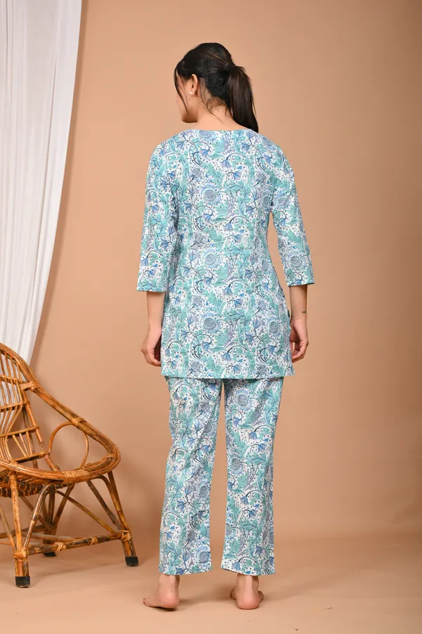 Aqua_Blue_Cotton_Paisley_Printed_Night_Suit_Set_For_Women