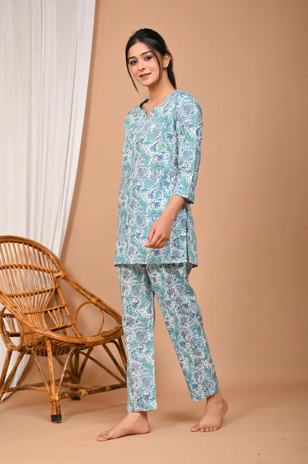 Aqua_Blue_Cotton_Paisley_Printed_Night_Suit_Set_For_Women
