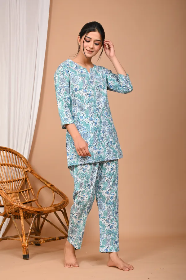 Aqua_Blue_Cotton_Paisley_Printed_Night_Suit_Set_For_Women