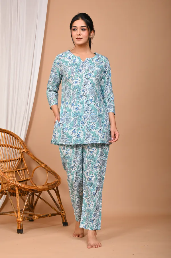Aqua_Blue_Cotton_Paisley_Printed_Night_Suit_Set_For_Women