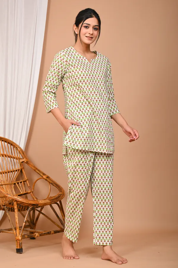 Cream_And_Green_Cotton_Floral_Printed_Night_Suit_Set_For_Women