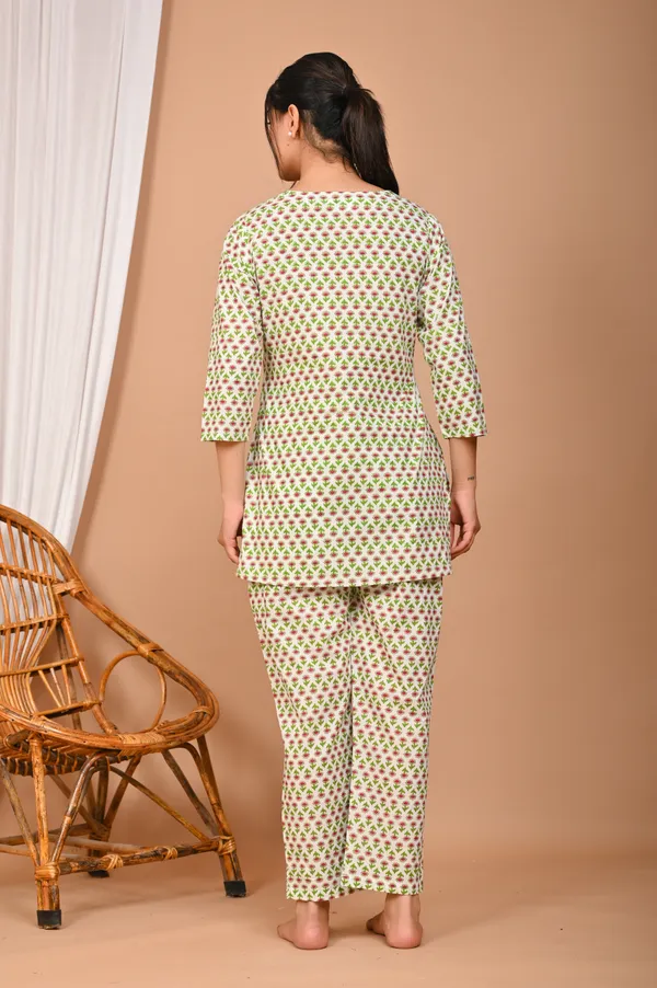 Cream_And_Green_Cotton_Floral_Printed_Night_Suit_Set_For_Women