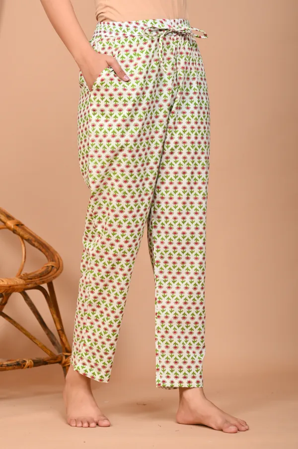 Cream_And_Green_Cotton_Floral_Printed_Night_Suit_Set_For_Women