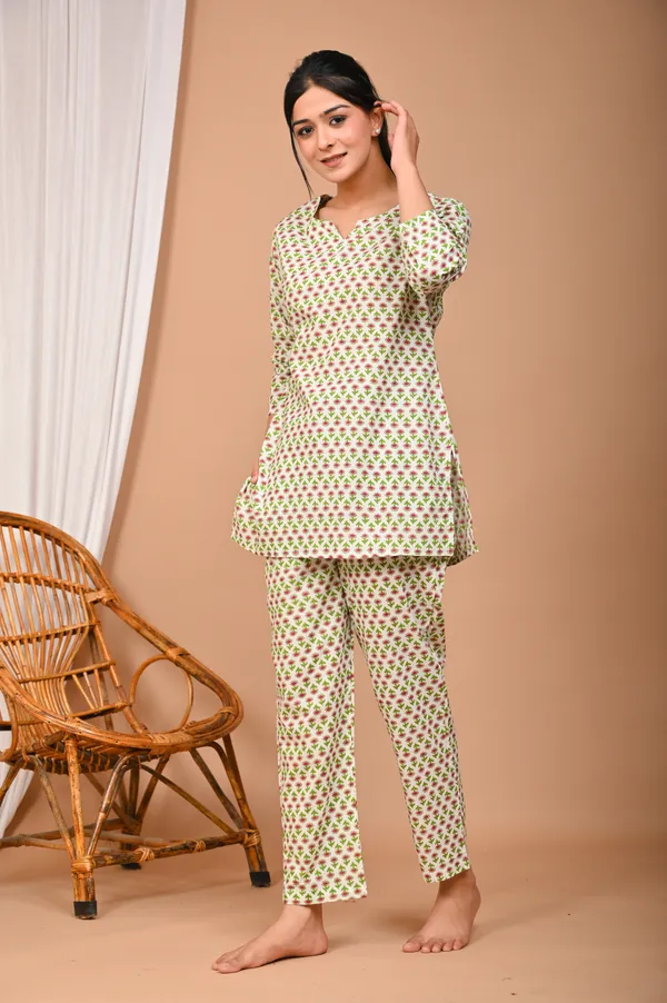 Cream_And_Green_Cotton_Floral_Printed_Night_Suit_Set_For_Women